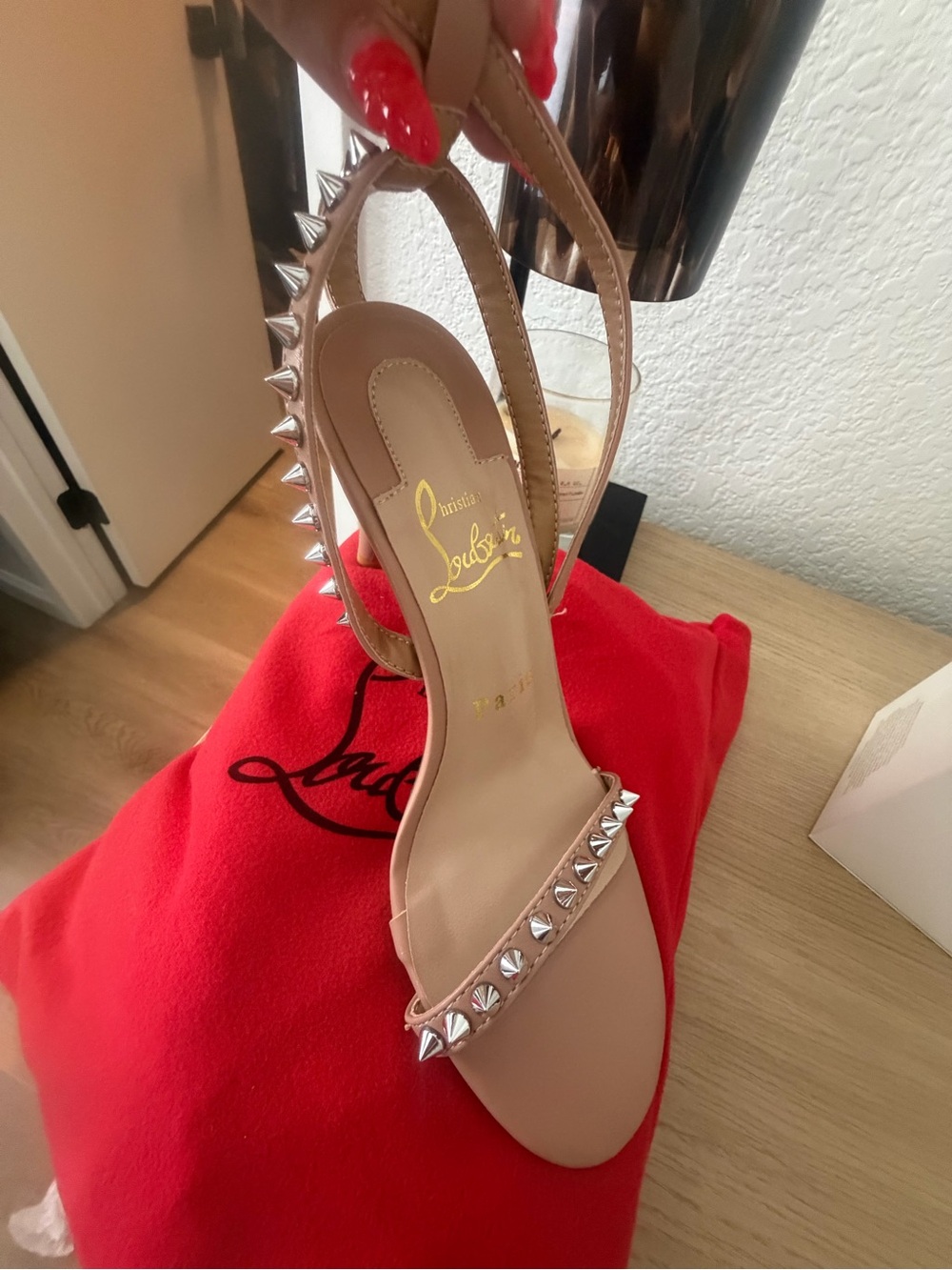 Nude Spike-Embellished Slingback Heel